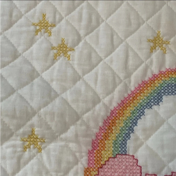 Vintage Handmade Cross Stitched Baby Blanket Rainbow Bear Rabbit Star Heart Moon - Picture 2 of 10